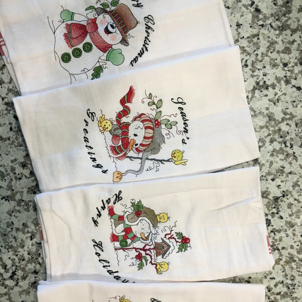 Embroidered Snowman & Birds Tea Towel, Dish Towel, Vintage Towel